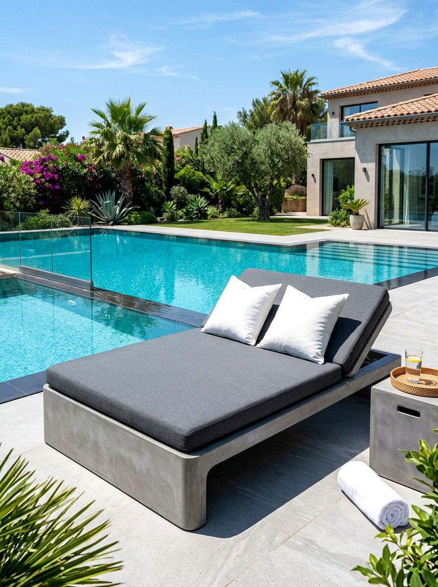 Concrete Poolside Sunbed - 30 built in sunbed patio ideas