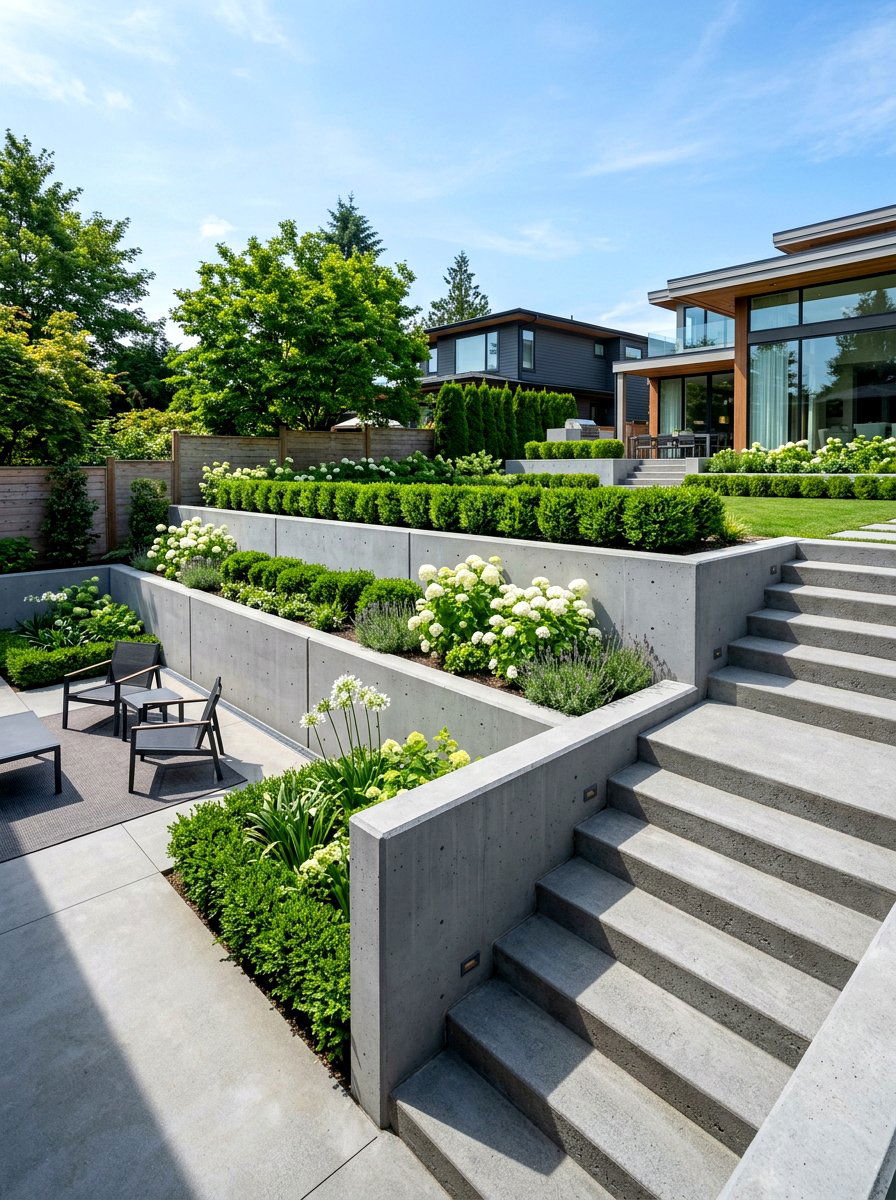 Concrete Retaining Wall - 30 tiered backyard ideas