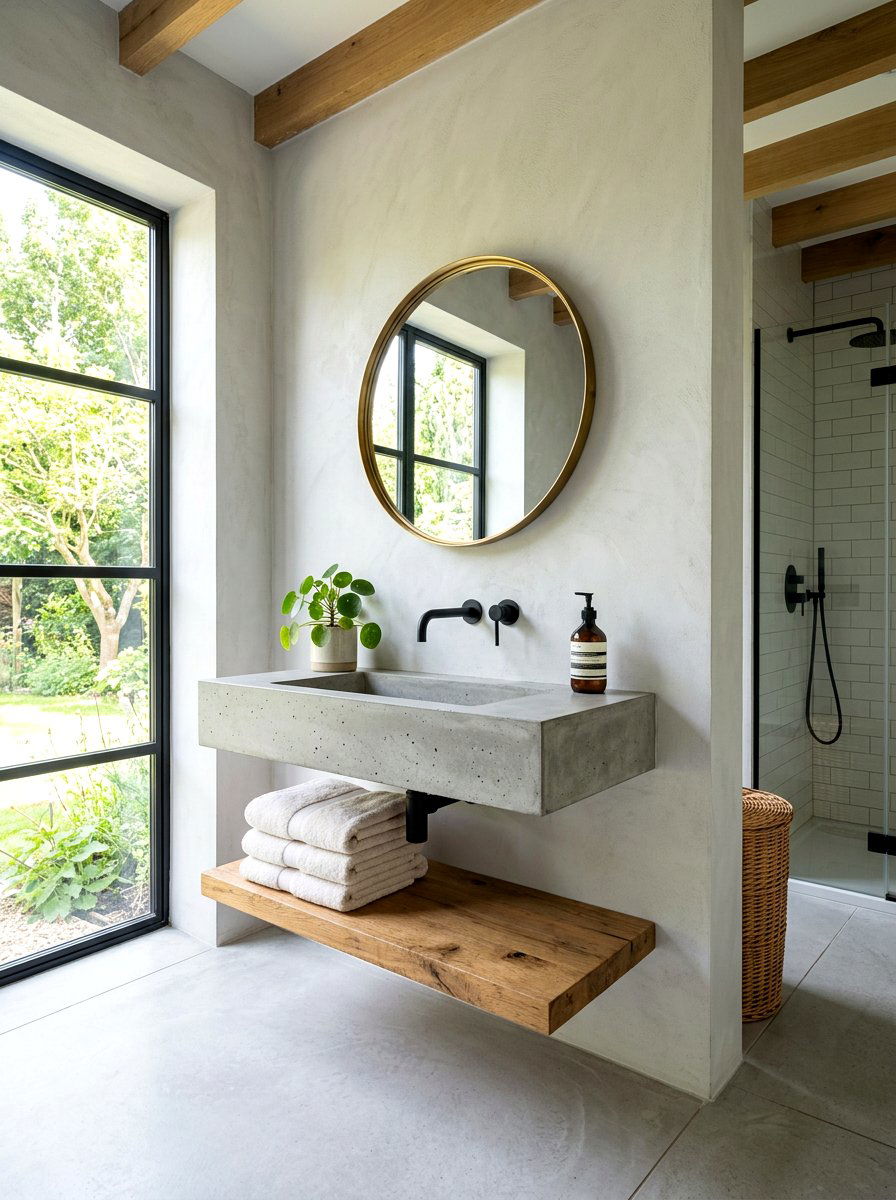 Concrete Sink Floating Wood Shelf - 30 concrete sink bathroom ideas