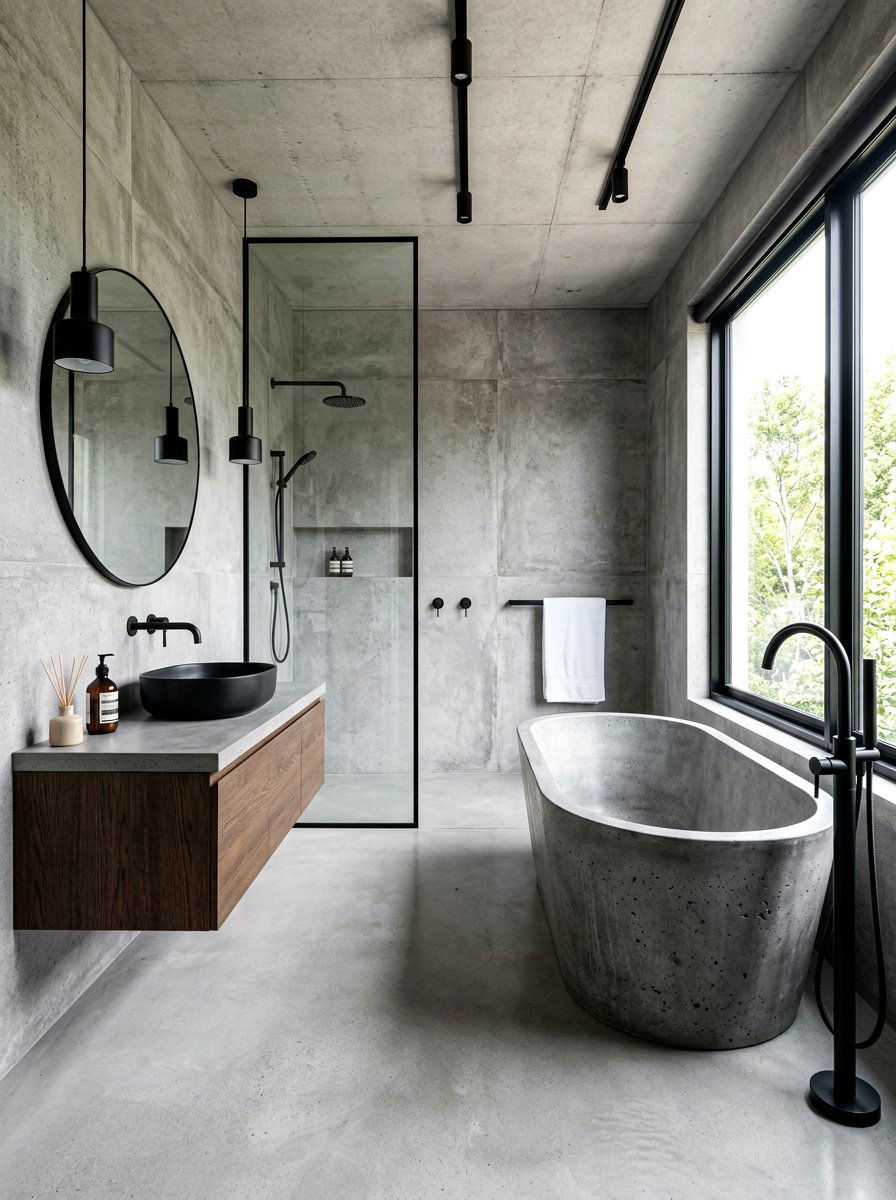 Concrete Texture Corner Tub - 30 freestanding tub corner ideas