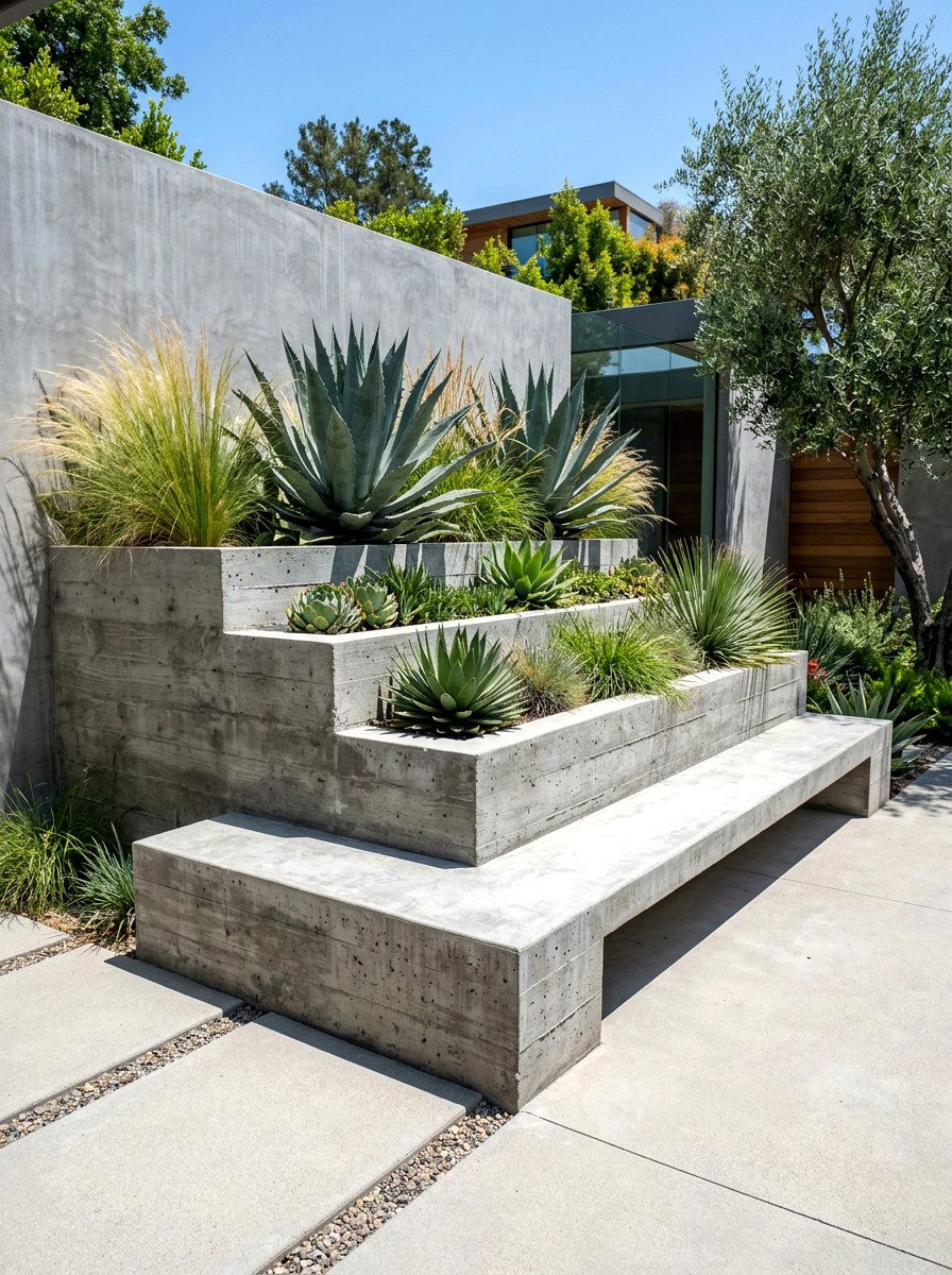 Concrete Tiered Plant Bench - 30 vertical garden shelf ideas