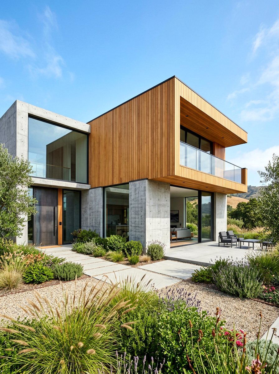 Concrete and timber cladding - 30 mixed material facade ideas
