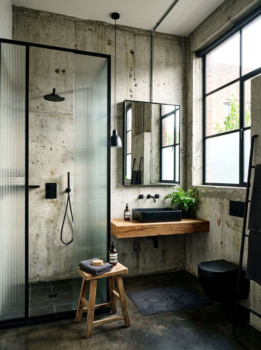 Concrete bathroom ribbed glass shower - 30 ribbed glass shower ideas