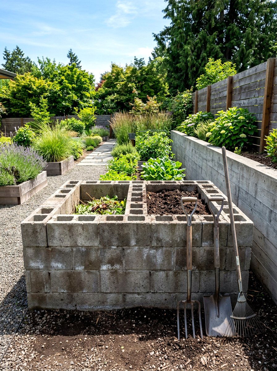 Concrete block compost bin - 30 compost corner garden ideas
