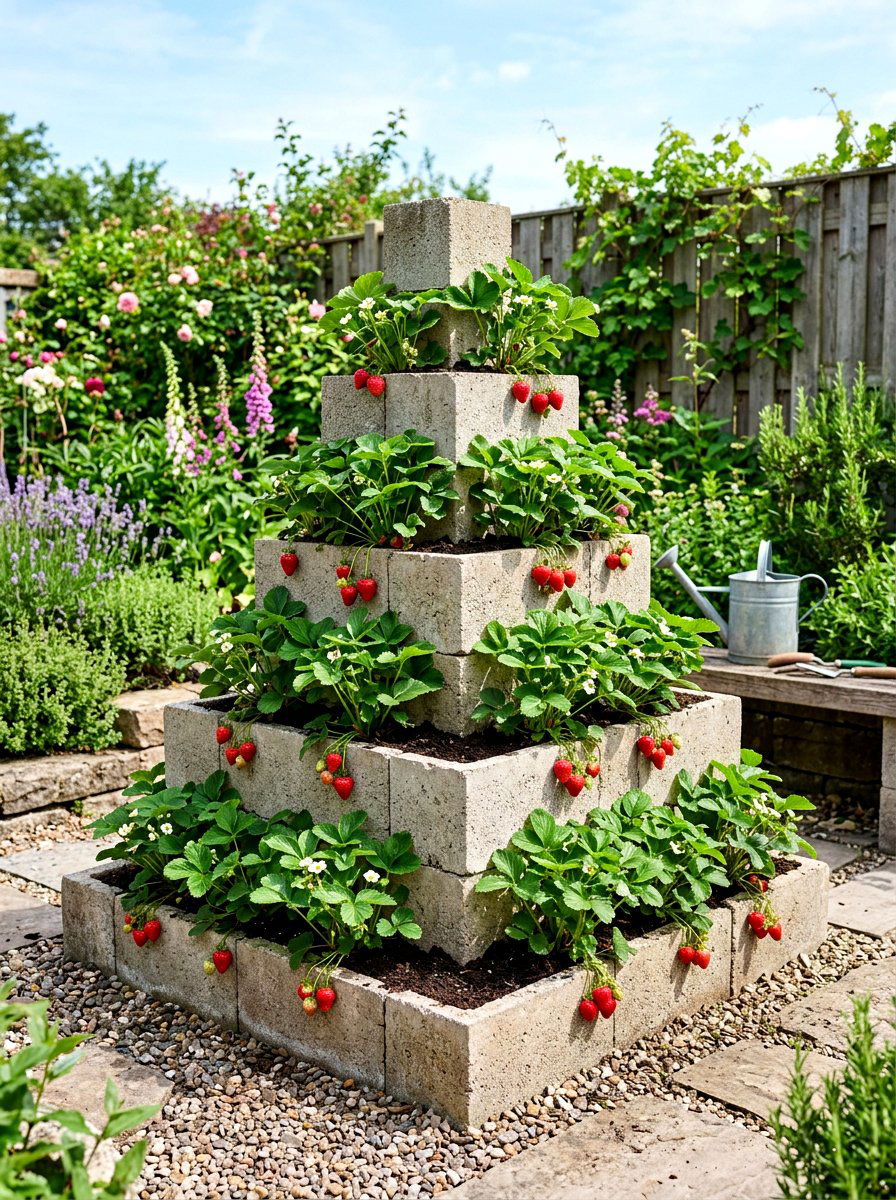 Concrete block strawberry planter - 30 strawberry planter ideas