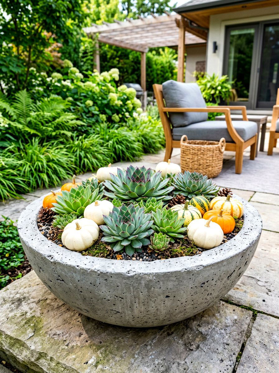 Concrete bowl with succulents and pumpkins - 30 autumn planter ideas