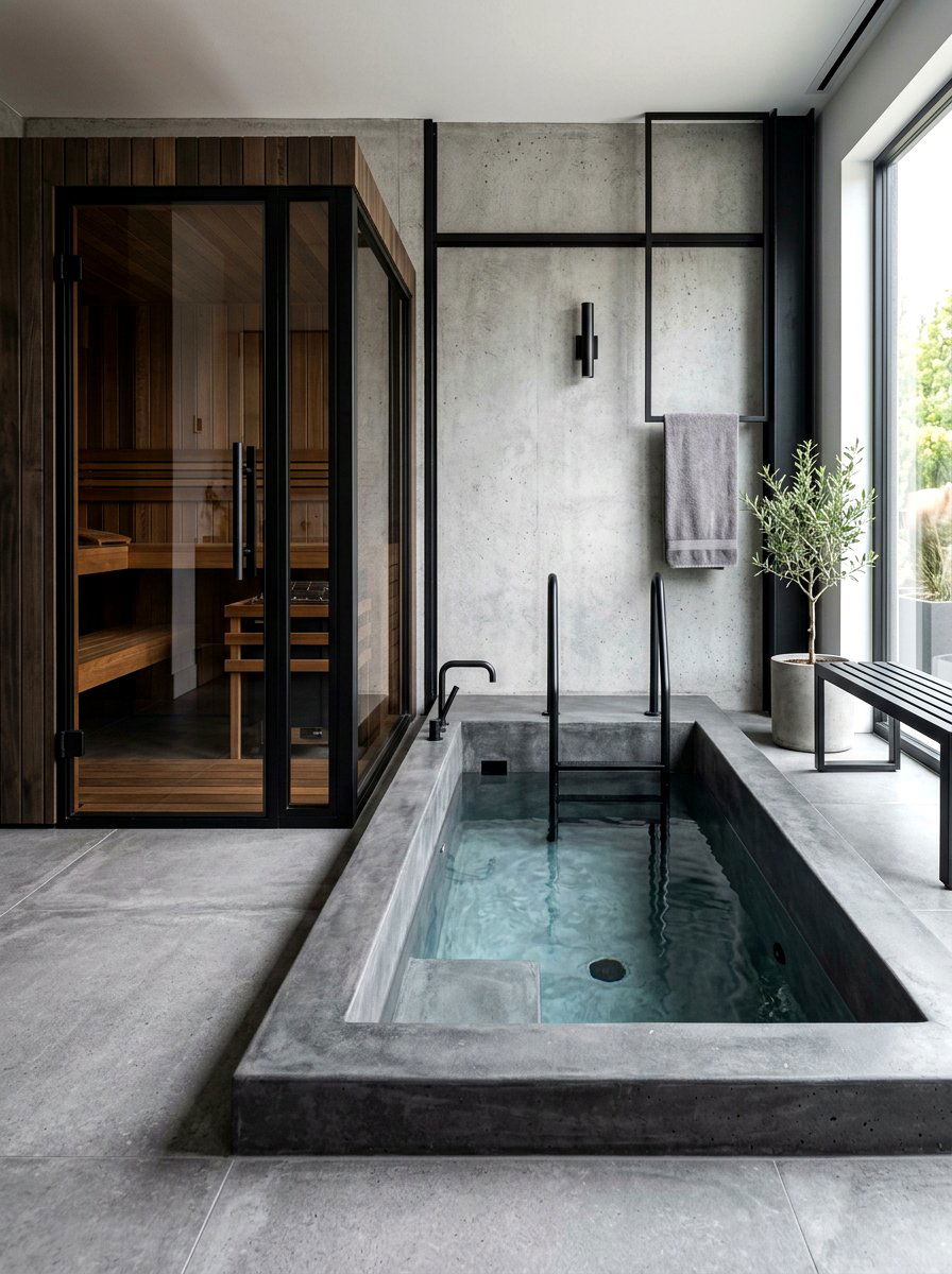 Concrete cold plunge station - 30 contrast therapy room ideas