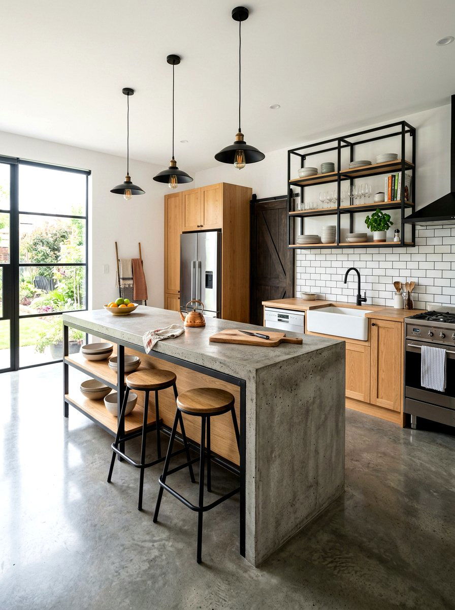 Concrete countertop island - 30 industrial farmhouse kitchen ideas