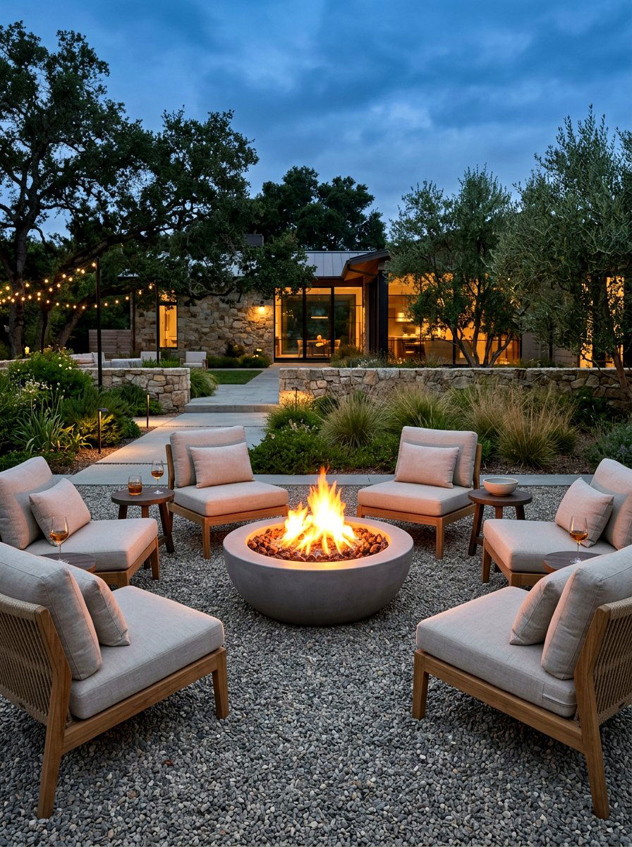 Concrete fire bowl lounge - 30 neutral backyard styling ideas