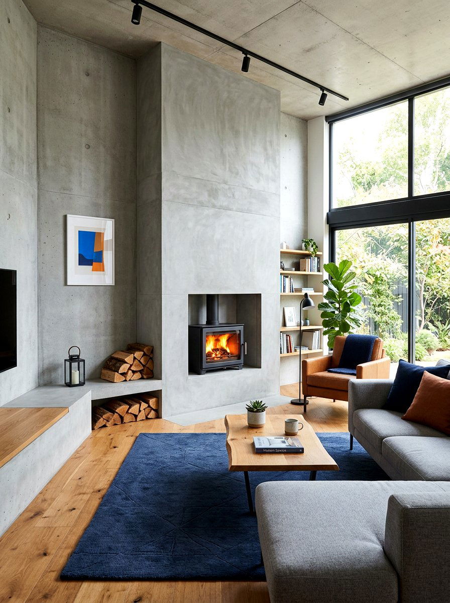 Concrete fireplace living room - 30 off center fireplace ideas