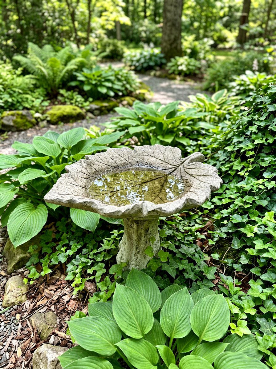 Concrete leaf bird bath - 30 front yard bird bath ideas