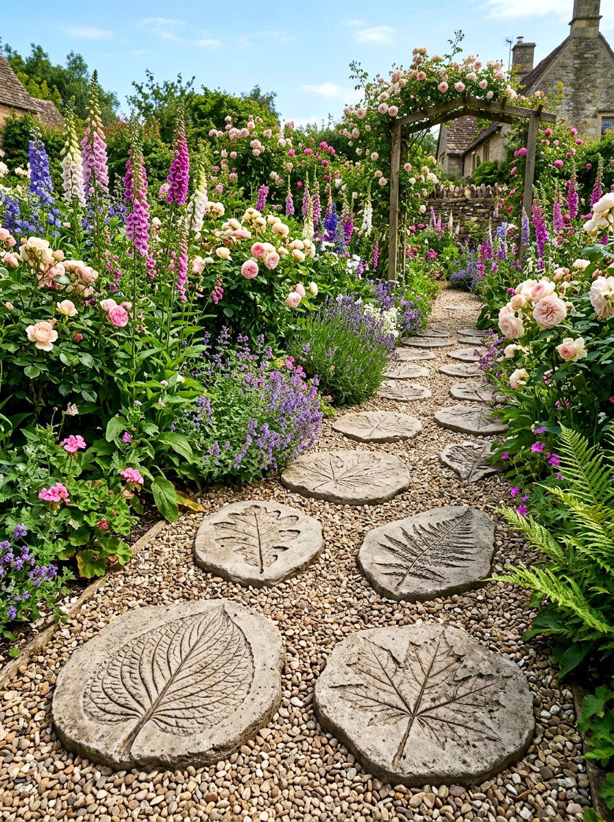 Concrete leaf print stepping stones - 30 secret path garden ideas