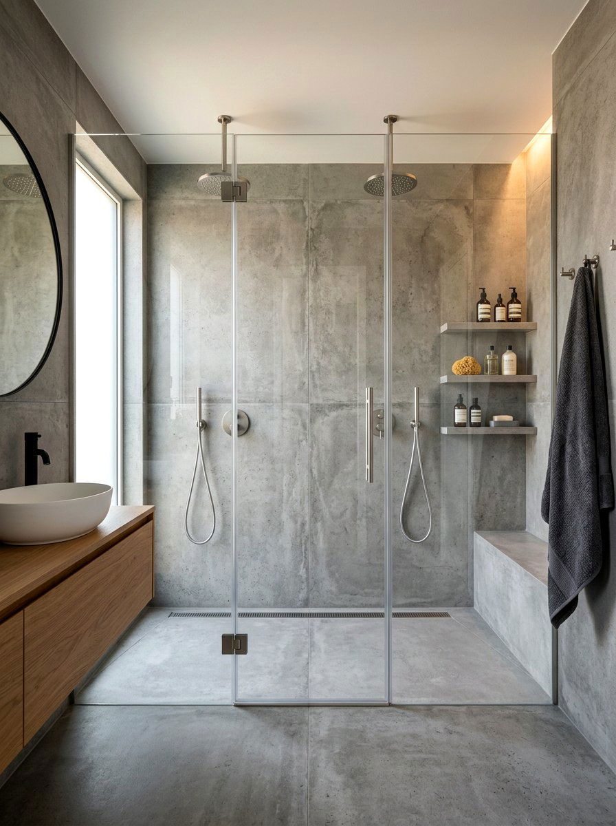 Concrete look double shower - 30 double shower bathroom ideas