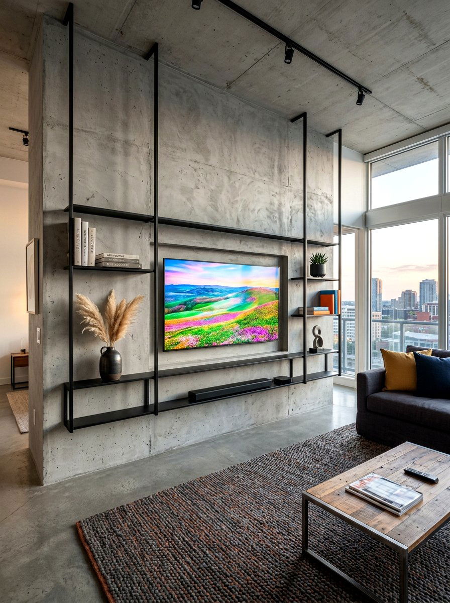 Concrete look media wall - 30 media wall ideas