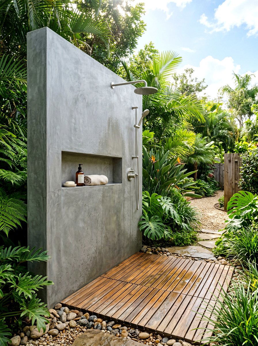 Concrete outdoor shower wall - 30 outdoor shower privacy ideas