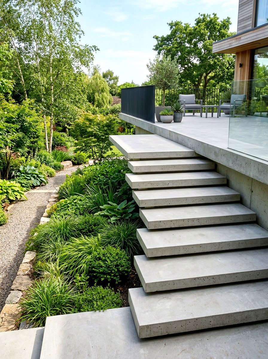 Concrete patio stairs - 30 split level backyard ideas