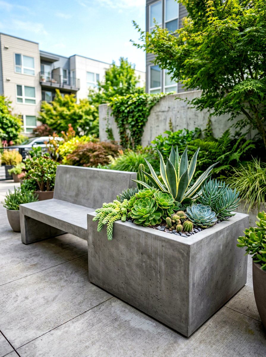 Concrete planter bench - 30 patio bench with planter ideas