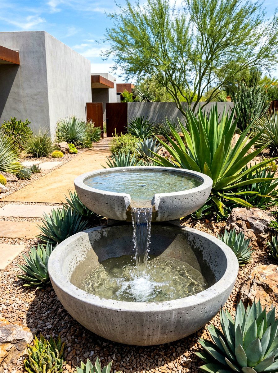 Concrete spillway bowl - 30 front yard water feature ideas