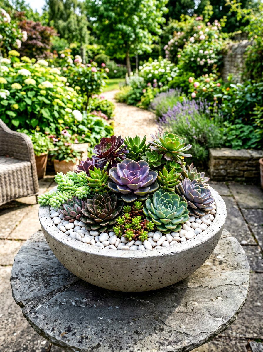 Concrete succulent bowl arrangement - 30 centerpiece bowl ideas