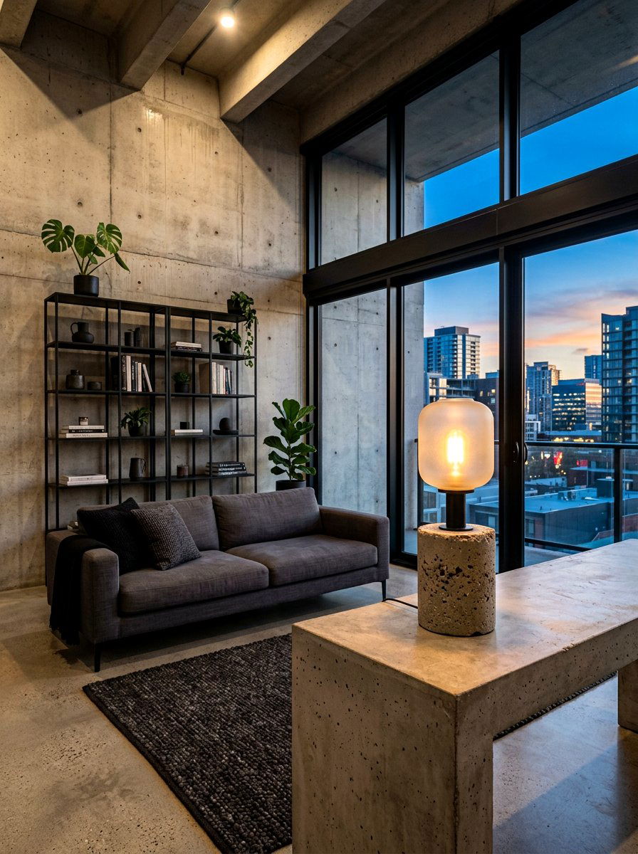 Concrete table lamp - 30 cozy lamp lit living room ideas