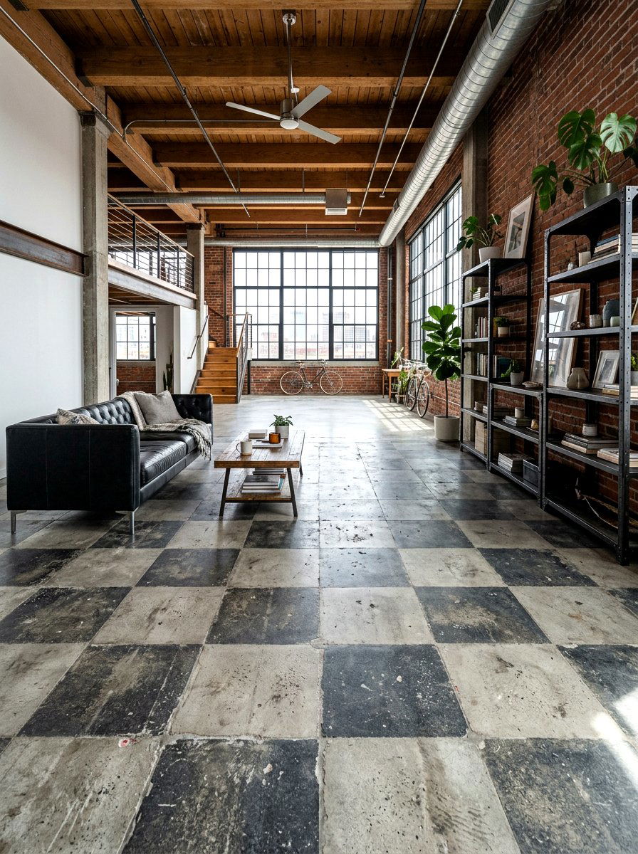 Concrete texture checkerboard tile - 30 peel and stick checkerboard floor ideas