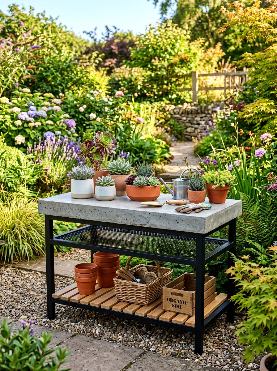 Concrete top potting bench - 30 potting table greenhouse ideas