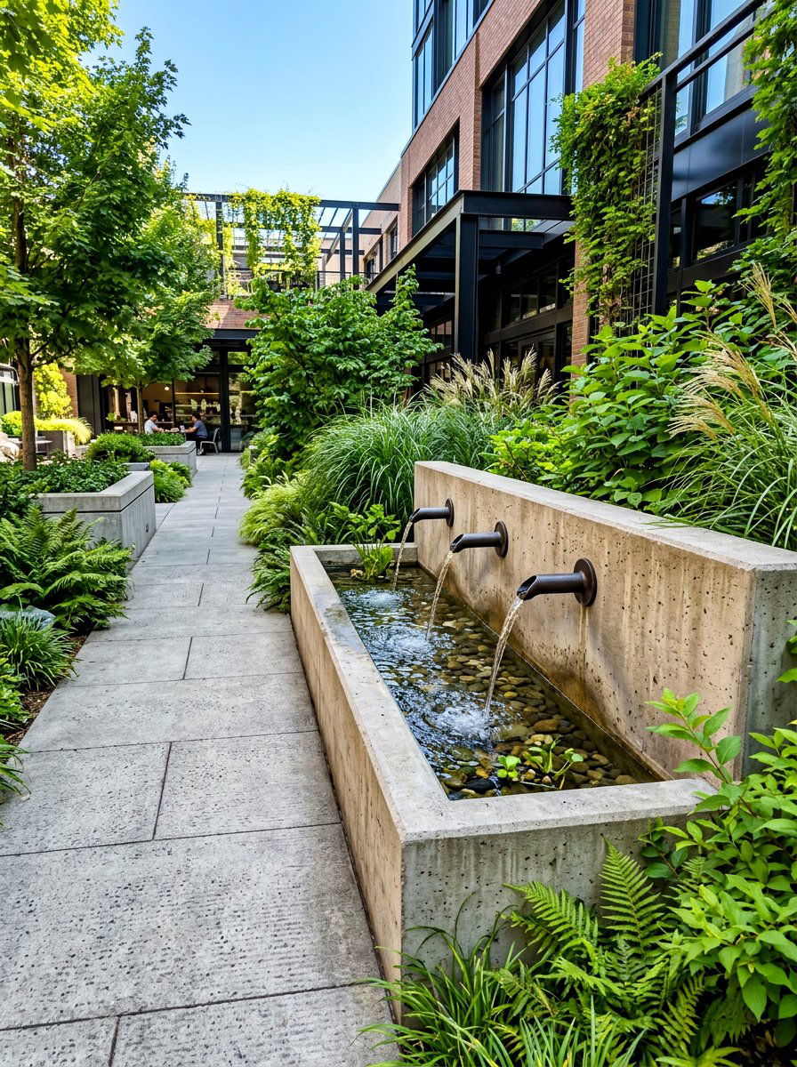 Concrete trough fountain - 30 courtyard fountain ideas