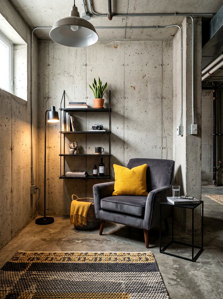 Concrete wall industrial nook - 30 basement reading nook ideas