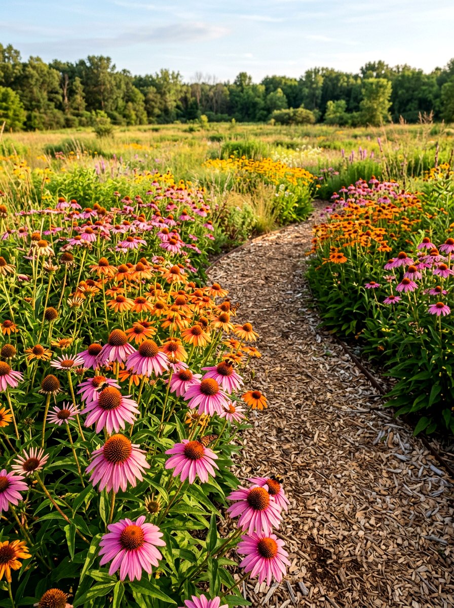 Coneflower native plant path - 30 walkway border planting ideas