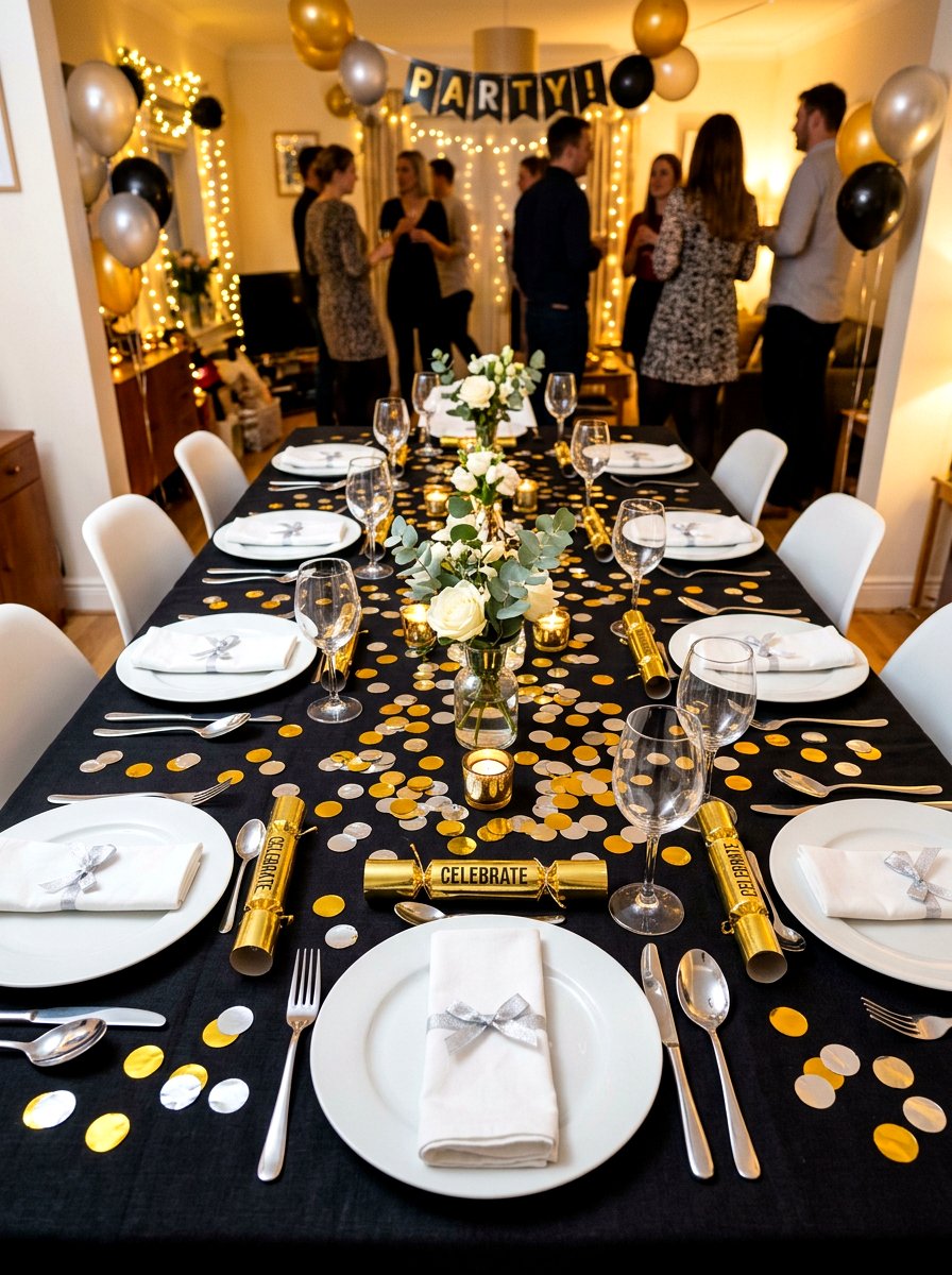 Confetti sprinkled table top - 30 New Year table decor ideas