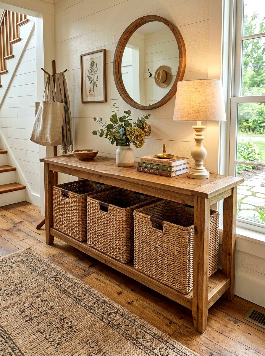 Console Table With Basket Storage - 30 entryway storage ideas