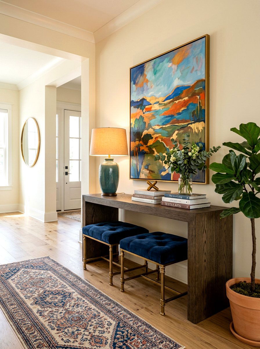 Console Table With Stools - 30 layered entry table ideas