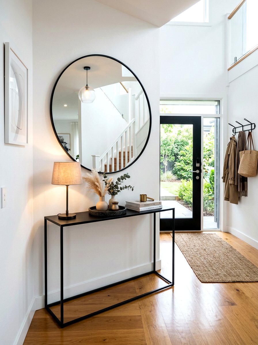Console Table with Round Mirror - 30 designer entry table decor ideas