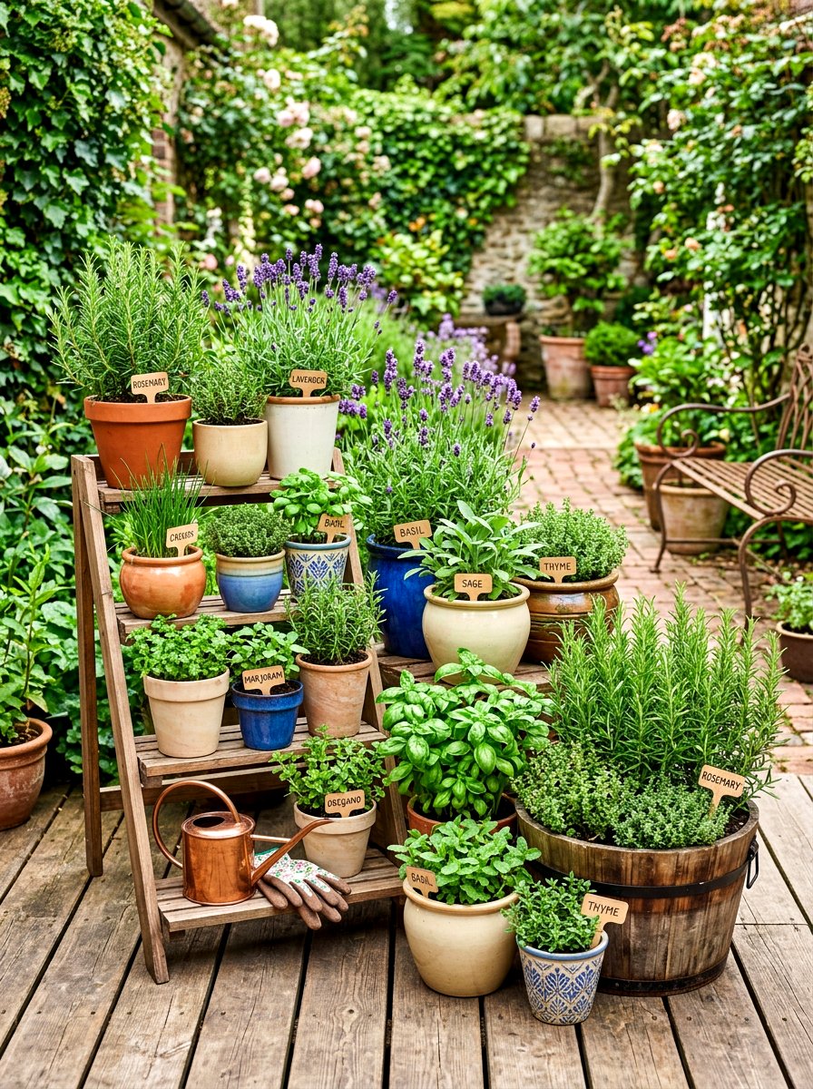 Container Herb Garden - 30 courtyard herb garden ideas