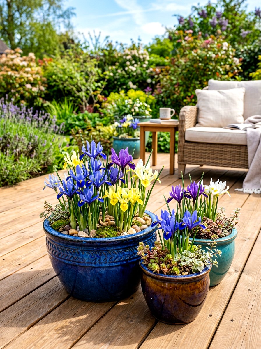 Container iris arrangement - 30 iris garden ideas