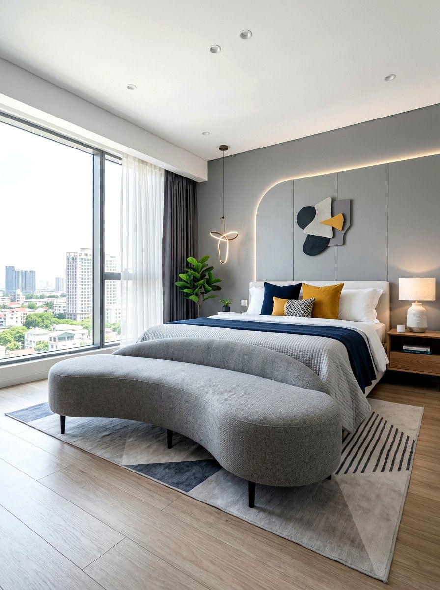 Contemporary Bedroom With Curved Bench - 30 bedroom bench ideas