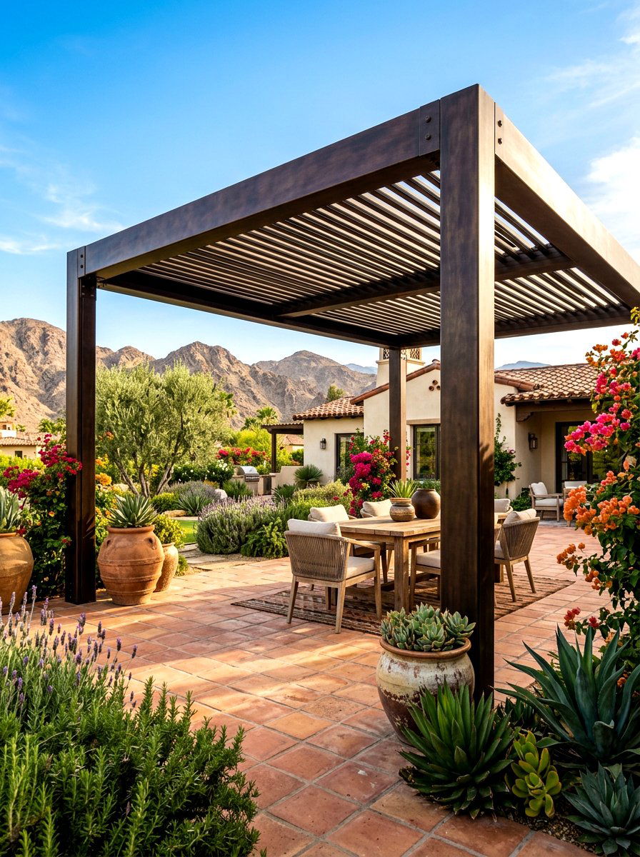 Contemporary Dark Bronze Pergola - 30 metal pergola ideas