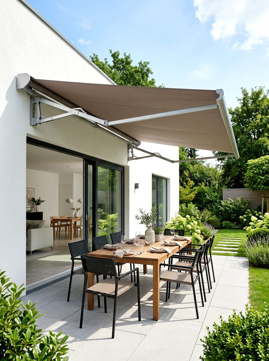 Contemporary Folding Arm Awning - 30 rainproof patio ideas
