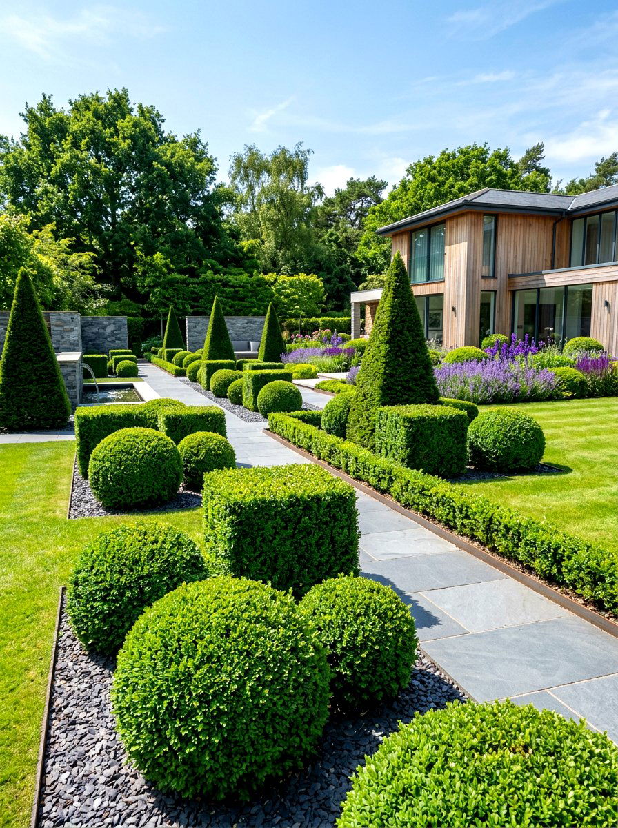 Contemporary Geometric Shrubbery - 30 layered hedge front yard ideas