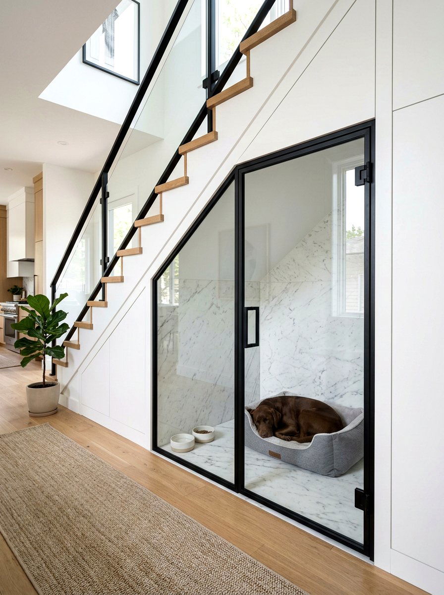Contemporary Glass Door Dog Kennel - 30 under stairs dog nook ideas