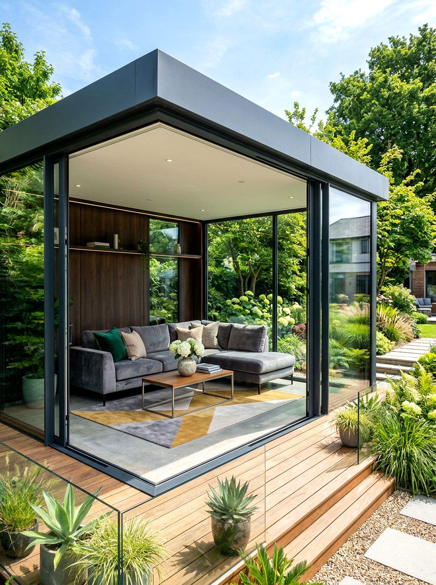 Contemporary Glass Enclosed Garden Lounge - 30 backyard cabana lounge ideas