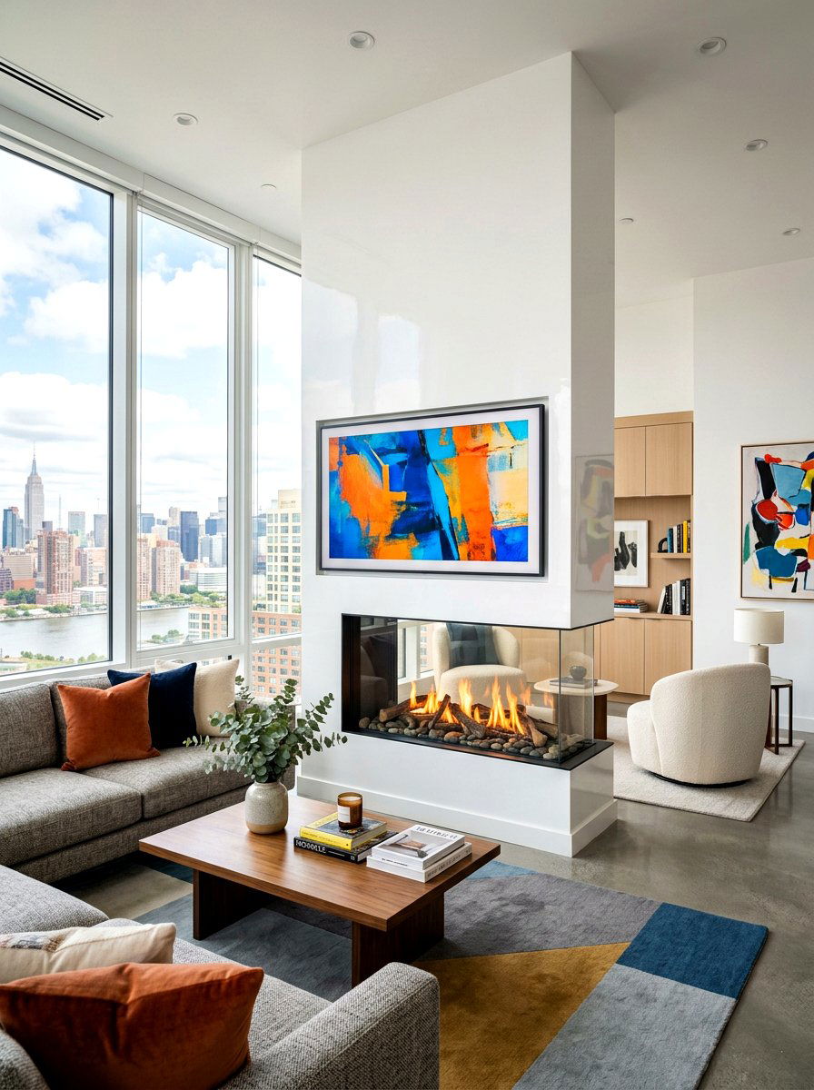 Contemporary Glass Fireplace And TV - 30 fireplace and TV layout ideas