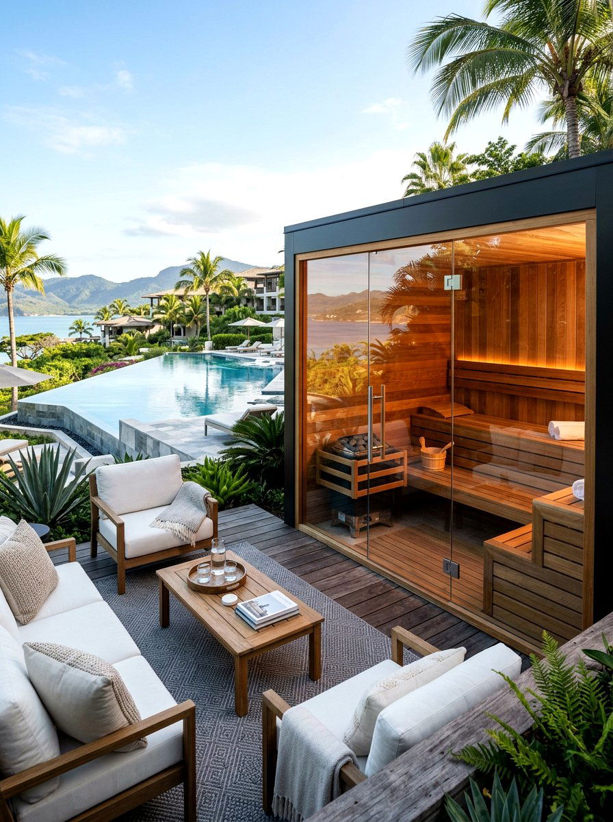 Contemporary Glass Front Sauna Lounge - 30 sauna patio retreat ideas