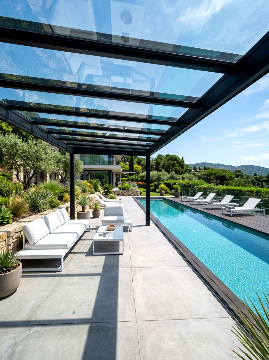 Contemporary Glass Pergola - 30 poolside pergola ideas