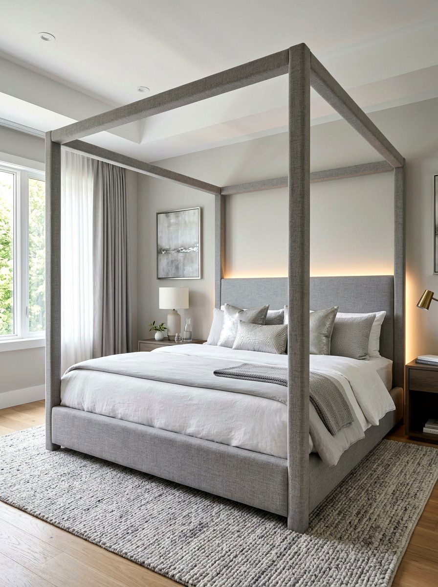 Contemporary Grey Fabric Canopy Bed - 30 four poster bed ideas