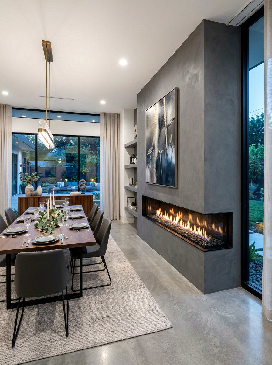 Contemporary Linear Gas Fireplace - 30 dining room fireplace wall ideas