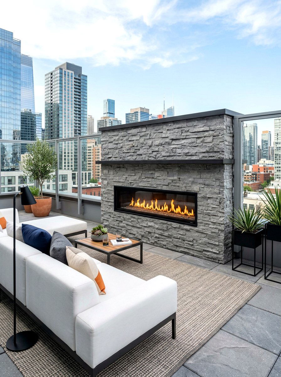 Contemporary Linear Stone Fireplace - 30 stone outdoor fireplace ideas