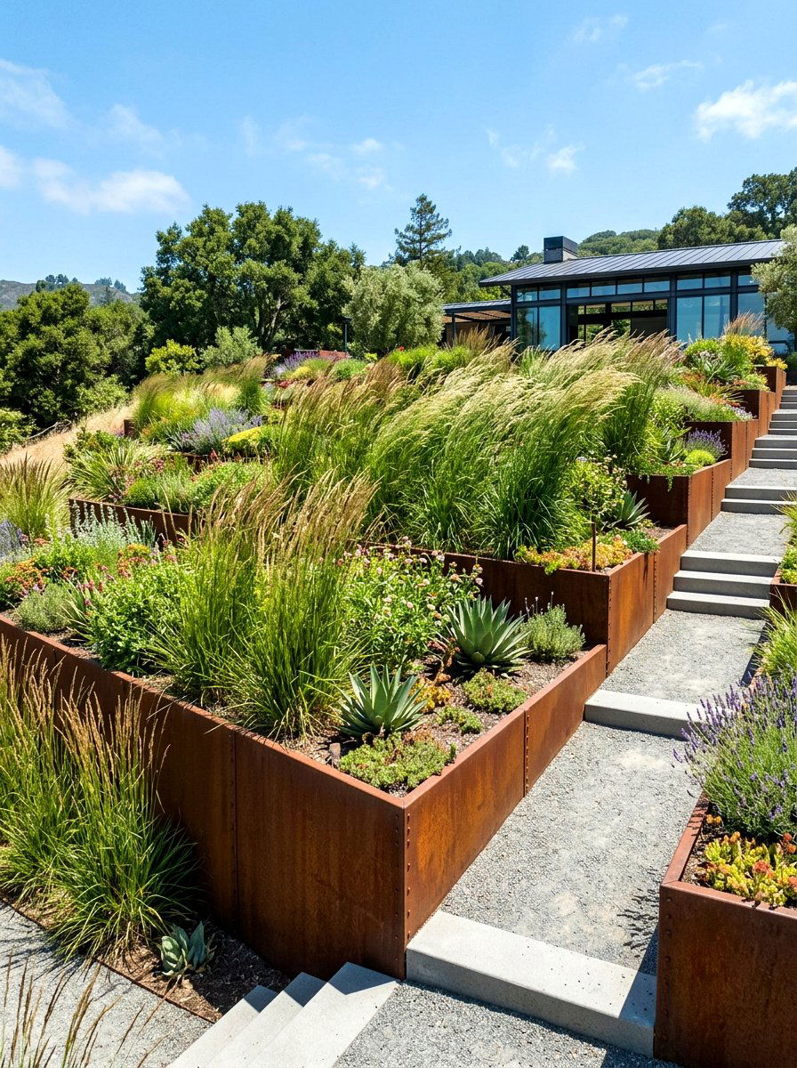 Contemporary Metal Edge Terracing - 30 slope garden ideas