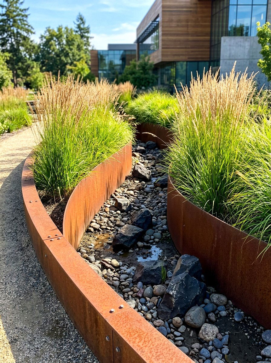 Contemporary Metal Edged Swale - 30 swale landscaping ideas