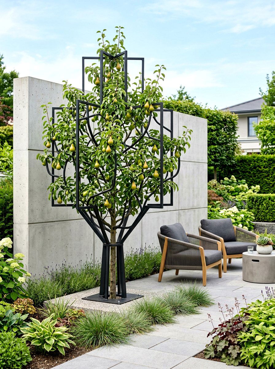 Contemporary Metal Fruit Tree - 30 espalier fruit tree wall ideas